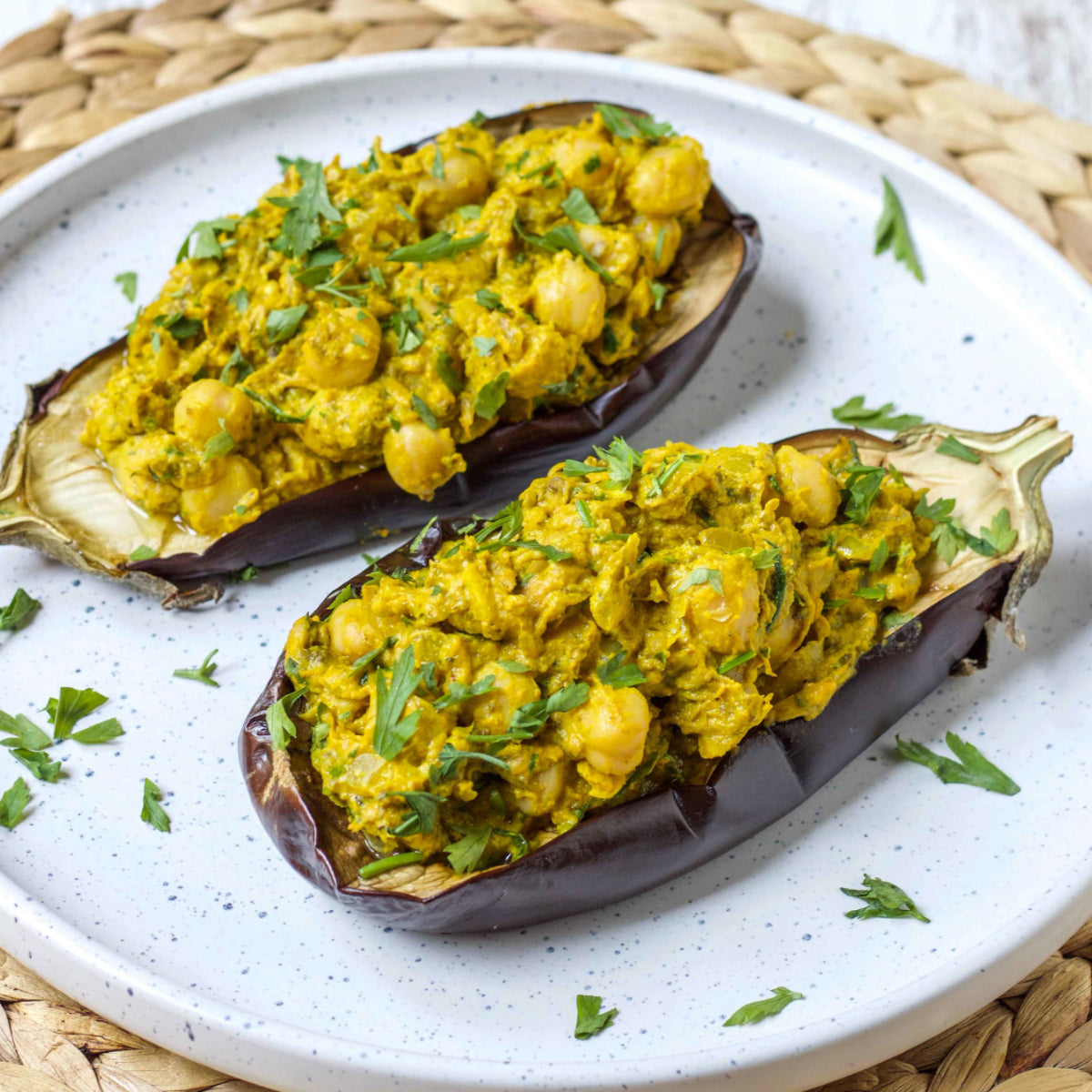 Chickpea & Tahini  Stuffed Aubergine