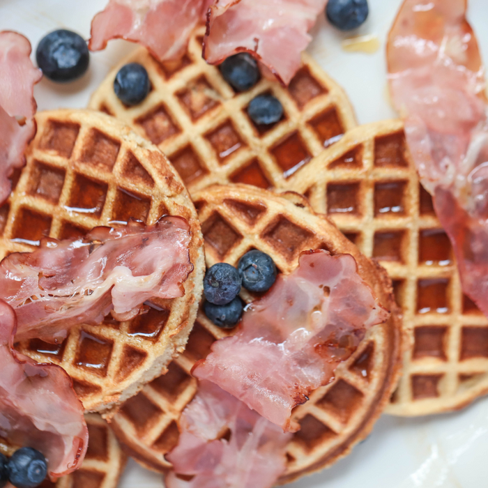 Waffles with Bacon,  Blueberries & Maple Syrup