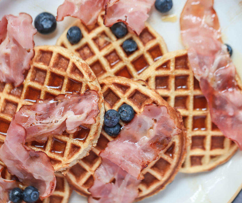 Waffles with Bacon,  Blueberries & Maple Syrup