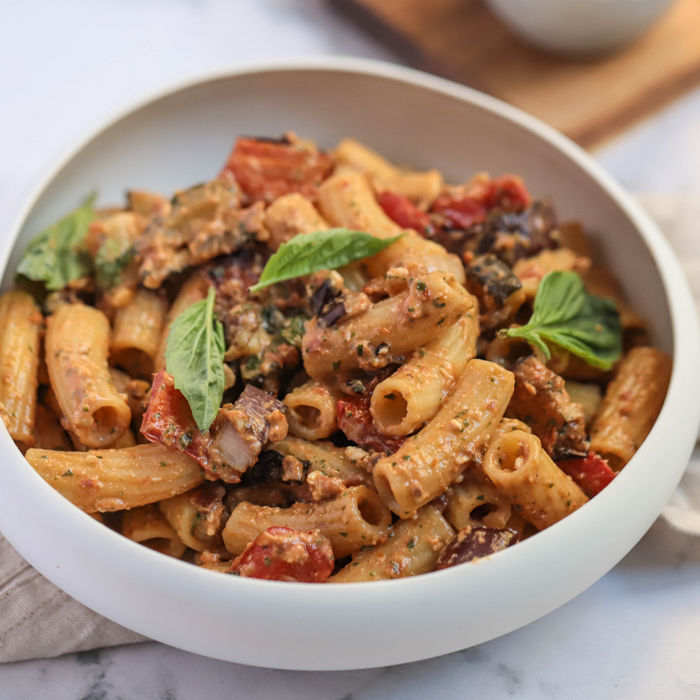 Red Pesto Pasta with Roasted Vegetables